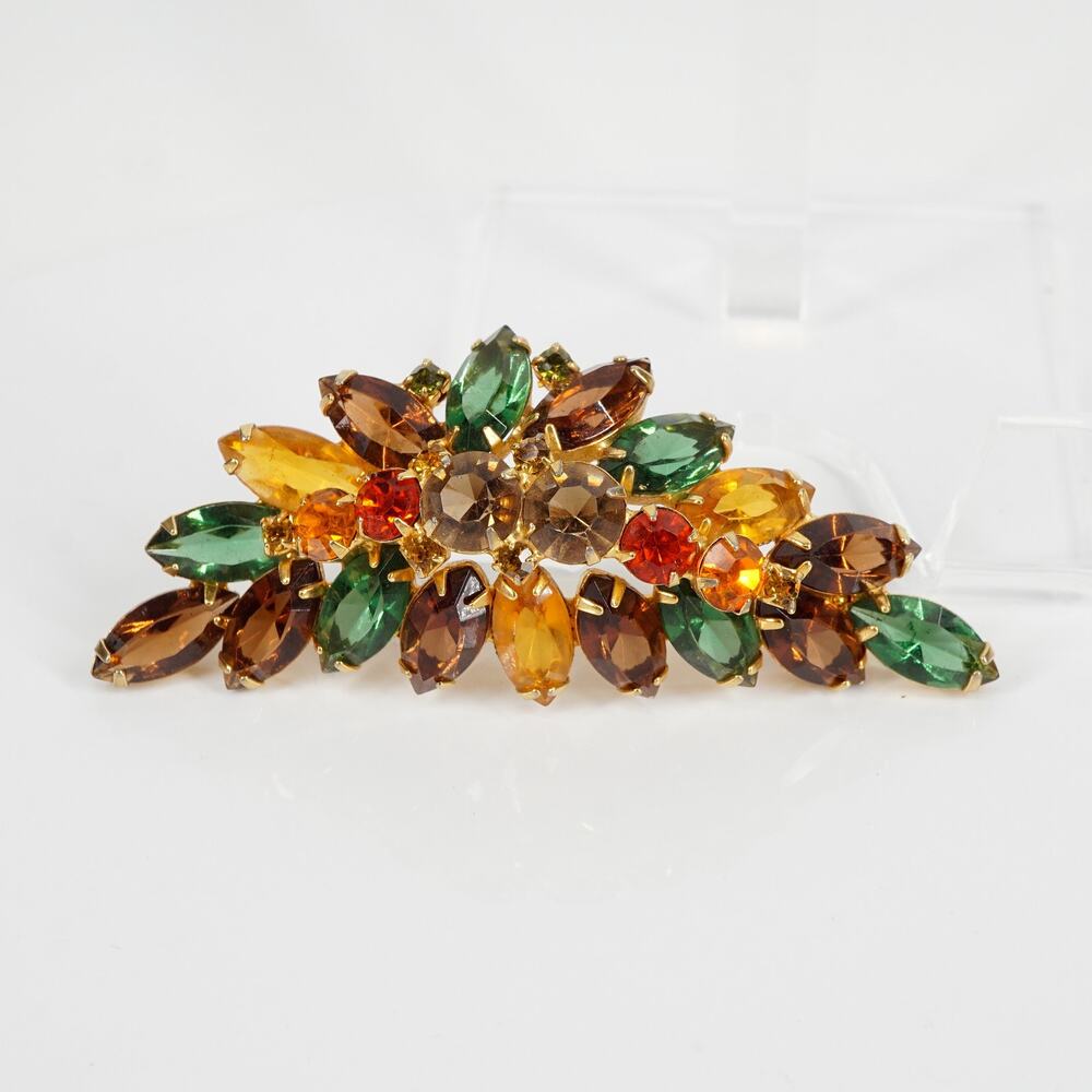 Vintage Autumn Open Back Cluster Rhinestone Brooch Gold-Tone Multicolor